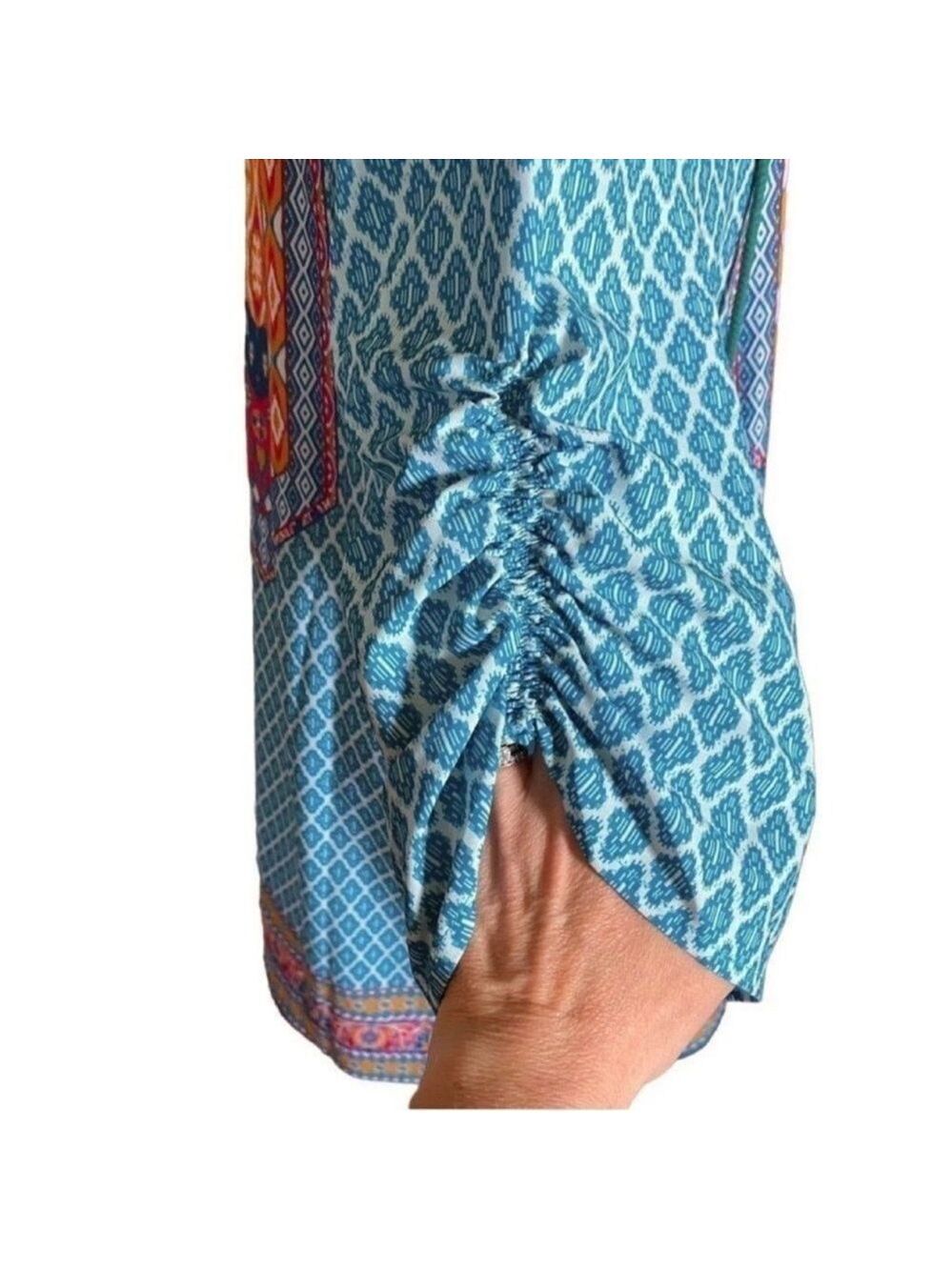 Urban Coco Blue Multicolor Ruche Sleeve Swim Coverup Dress with Tassels Medium - Picture 6 of 14